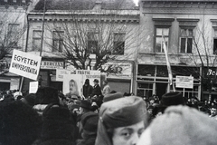 Romania,Transylvania, Cluj-Napoca, Fő tér., 1945, Dőri András, banner, strike, mass, Fortepan #218545