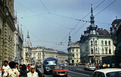 Romania,Transylvania, Cluj-Napoca, Wesselényi Miklós utca (Strada Regele Ferdinand, ekkor Strada Dózsa György) a Szamos folyó feletti Horea híd felé nézve, jobbra a Széchenyi tér (Piata Mihai Viteazul), a sarkon a Babos-palota., 1979, Dőri András, colorful, Fortepan #218738