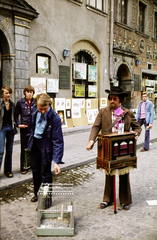 Lengyelország, Varsó, Óvárosi piactér (Rynek Starego Miasta)., 1975, Fortepan/Album060, színes, verkli, kalitka, Fortepan #218760