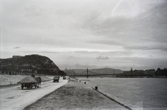 Magyarország, Budapest XI., budai alsó rakpart a Műegyetem rakpart alatt, háttérben a Gellért-hegy és a Szabadság (Ferenc József) híd., 1940, Kellner Ludwig, Duna, Budapest, fuvarozás, Fortepan #219076