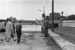 Magyarország, Budapest V., a pesti alsó rakpart árvíz idején a Széchenyi Lánchíd pesti hídfőjénél, háttérben a Magyar Tudományos Akadémia épülete., 1965, László Áron, Budapest, bámészkodás, árvíz, Fortepan #219453