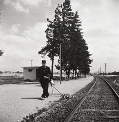 Magyarország,Balaton, Örvényes, vasúti megállóhely., 1955, Kotnyek Antal, Ráth Károly, MÁV, vasút, légvezeték, vasútállomás, vasutas, gereblye, Fortepan #21975