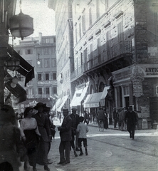 Olaszország, Firenze, a Via dei Calzaiuoli a Piazza della Signoria felé, jobbra a Via Porta Rossa torkolata., 1914, Jakucs János, Honti család, kerékpár, Fortepan #220795