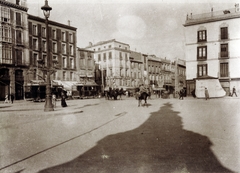 Spanyolország, Zaragoza, Plaza de España (Plaza de la Constitución), szemben a Calle de Coso, kissé balra a Calle Don Jaime I torkolata., 1915, Jakucs János, Honti család, utcakép, árnyék, Fortepan #220817