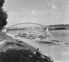 Hungary, Szeged, Belvárosi híd., 1969, MHSZ, ship, bridge, Skoda-brand, Zuk-brand, automobile, Győző Mihailich-design, Fortepan #22132