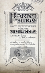 Magyarország, Miskolc, Széchenyi István út 29., Barna Hugó művészi fényképészeti műterme a Hitelintézet épületében., 1913, Mokk Mónika, hátlap, fényképész, műterem, Fortepan #221447