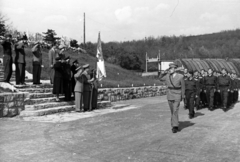 Magyarország, Budaörs, farkashegyi repülőtér, Iván Polkinról elnevezett motoros elméleti iskola növendékei tisztelegnek a csapatzászló előtt, melyet a Landler Jenő-Üzem DISZ-fiataljai adtak át., 1953, Nasztanovics Ferenc, tisztelgés, egyenruha, repülőtér, Fortepan #222172