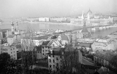 Magyarország, budai Vár, Budapest I.,Budapest V., látkép a Halászbástyáról a Kossuth híd és a Parlament felé., 1958, Fortepan, Kossuth híd, látkép, Steindl Imre-terv, országház, neogótika, Duna, eklektikus építészet, Budapest, Fortepan #2223