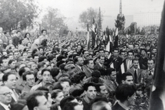 Magyarország, Budapest II., Bem József tér, tüntetés 1956. október 23-án a Bem szobornál., 1956, Horváth János és családja, Budapest, fiatalság, tömeg, Fortepan #222385