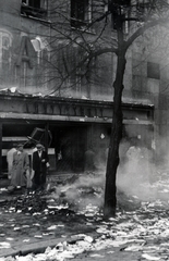 Magyarország, Budapest VIII., József körút, könyvégetés a Szabad Nép könyvesboltja előtt., 1956, Horváth János és családja, Budapest, füst, papír, Fortepan #222449