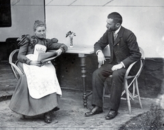 1912, Schilberszky, apron, moustache, newspaper, vase, staged, reading, arm chair, Fortepan #222925