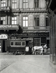 Magyarország, Budapest V., József nádor (József) tér, szemben a mai József Attila utca 10. (ekkor József tér 13.)., 1915, Közösségi Szociális Szövetkezet, Budapest, lóvasút, omnibusz, bank, Takarékpénztár, Fortepan #223573