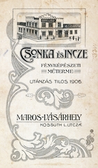 Romania,Transylvania, Târgu Mureș, Kossuth Lajos utca, Csonka és Incze fényképészeti műterme., 1906, Kálnoki Kis Sándor, studio, verso, photographer, Fortepan #223863