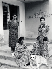 Magyarország,Balaton, Tihany, a felvétel a Magyar Keresztény Leányegyesületek Nemzeti Szövetségének (M.K.L.N.SZ.) üdülőtelepén készült., 1940, Kieselbach Tamás, kutya, lépcsőn ülni, csoportkép, üdülés, tipográfia, Fortepan #224142