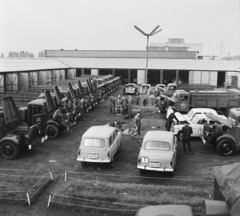 Magyarország, Budapest XIII., Dagály utca 11., MHS (Magyar Honvédelmi Sportszövetség) központi gépjármű telep, Budapesti Gépkocsivezetőképző Iskola., 1964, MHSZ, szovjet gyártmány, teherautó, Moszkvics-márka, Moszkvics 423, Moszkvics 407, rendszám, Budapest, telephely, tanuló vezető, Fortepan #22416