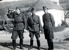 1938, Kovács Györgyi, trumpet, boots, Hungarian soldier, horn, tableau, three people, Fortepan #224470