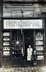 Magyarország, Budapest VIII., Nagy Fuvaros utca 1. (ekkor 3/b), Steiner Dezső Fűszer és Csemege üzlete., 1924, Kovács Györgyi, üzletportál, Budapest, felirat, kirakat, bolt, élelmiszerbolt, ajtóban állás, Fortepan #224551