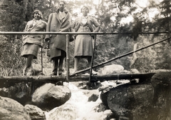 1932, Kovács Györgyi, three people, wooden bridge, stream, Fortepan #224584