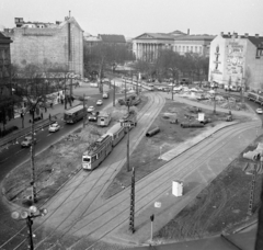 Magyarország, Budapest VIII.,Budapest V.,Budapest IX., Kálvin tér és a Magyar Nemzeti Múzeum a református templom tornyából nézve., 1974, Magyar Rendőr, reklám, forgalom, autóbusz, magyar gyártmány, építkezés, városkép, Ikarus-márka, Barkas-márka, Zuk-márka, villamos, látkép, Ikarus 180, Ikarus 260, metróépítés, IFA W50, Trabant 601, ZiL-130, Ganz UV, Wartburg 353, villamos pótkocsi, Budapest, viszonylatszám, Fortepan #22475