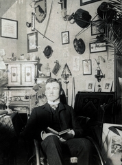 1909, Lechner hagyaték, interior, fencer dagger, gentleman, looking into the distance, book, rocking chair, Fortepan #224978