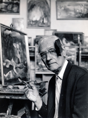 Hungary, Budapest XI., Ménesi út 65., Molnár C. Pál festőművész a műtermében., 1980, Molnár C. Pál Múzeum, studio, easel, painter, painting, brush, eye-shade, portrait, Budapest, Fortepan #225085