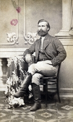 1900, Vincent Till Baumgartner, man, beard, portrait, leg over leg, studio, sitting, boots, moustache, Fortepan #225286