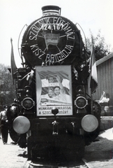 1958, Vincent Till Baumgartner, MÁV Class 424, steam locomotive, bumper, poster, Fortepan #225324