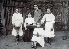 1905, Csonka Sándor, family, white dress, ball, book, yard, lath fence, table, Fortepan #225703