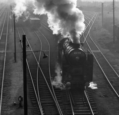 Hungary, Budapest XIV., Rákosrendező vasúti pályaudvar., 1965, Magyar Rendőr, steam locomotive, Hungarian Railways, railway, Hungarian brand, MÁV Class 424, Budapest, Fortepan #22578