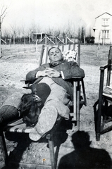 1934, Miklós Péterné, man, dog, shadow, intertwined fingers, deck chair, sunbathe, Dachshund, relaxation, Fortepan #225806