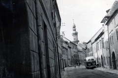 Hungary, Sopron, Új utca a Fő (Beloiannisz) tér felé nézve, háttérben a Tűztorony., 1959, Bónis József, Ikarus-brand, bus, Fortepan #225993