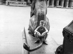 Magyarország, Budapest V., Kossuth Lajos tér, oroszlán szobor a Parlament főlépcsőjénél., 1955, Fortepan, Budapest, fiú, háttal, kőoroszlán, Fortepan #22715