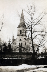 Románia,Erdély, Leordina, Strada Principală, Orthodox templom (Biserica Sfântul Ilie)., 1917, Vízkelety László, templomtorony, templom, tél, fa, kerítés, Fortepan #227496