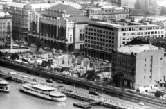 Hungary, Budapest V., a Hotel Duna Intercontinental építkezése, balra hátrébb a Vigadó, középen UVATERV-MÉLYÉPTERV székház, jobbra a Duna Szálló., 1967, Középületépítő Vállalat - Kreszán Albert - Koczka András - Kemecsei József, Budapest, Fortepan #227837