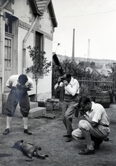 1932, Flanek-Falvay-Kováts, three people, dog, photography, camera, Fortepan #228515