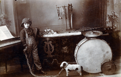 1912, Ladinek Viktor, Best of, xylophone, kazoo, saw, toy animal, checked dress, suspenders, instrument case, piano, drum, cymbal, musical instrument, trumpet, walking the dog, Fortepan #228640