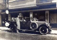 1935, Flanek-Falvay-Kováts, automobil, üzletportál, német gyártmány, Mercedes-márka, cégér, pótkerék, szabóság, Fortepan #228720