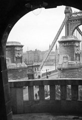 Hungary, Budapest I., Erzsébet híd, budai hídfő., 1936, Fortepan, Danube, eclectic architecture, Budapest, suspension bridge, Antal Kherndl-design, Aurél Czekelius-design, Fortepan #22881