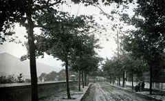 Hungary, Budapest XI., Ménesi út, balra háttérben a Sas-hegy., 1948, Kern család, men, sitting, bench, alley, castle wall, Budapest, Fortepan #228883