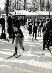 Magyarország, Kékestető, sífutóverseny, háttérben a Dózsa Síház., 1956, Flanek-Falvay-Kováts, rajtszám, nők, síelés, Fortepan #229174