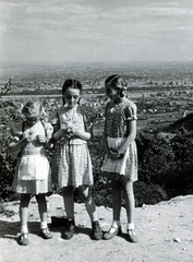 Magyarország, Budapest III., a felvétel a Remete-hegyen készült. Kilátás a Duna felé., 1952, Flanek-Falvay-Kováts, nyári ruha, kötény, lányok, Budapest, Fortepan #229189