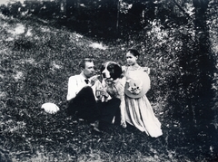 1913, Schermann Ákos, dog, Saint Bernard dog, three people, Fortepan #229443