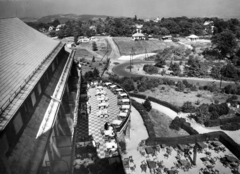 Magyarország, Széchenyihegy, Budapest XII., Rege utca, Vörös Csillag (egykor Golf, később Panoráma) szálloda, kilátás az Agancs utca felé., 1955, Fortepan/Album083, terasz, vendéglátás, szerpentin, Budapest, Fortepan #229786