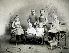 1900, Tóth Melanie, dog, kids, rattan furniture, twins, hula hoop, Fortepan #229989