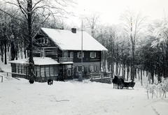 Magyarország, Kőszeg, a Hörmann-forrás melletti, a Magyarországi Kárpát Egyesület által épített turistaház., 1939, Korner Veronika, havas táj, tél, lovasszán, Fortepan #230081