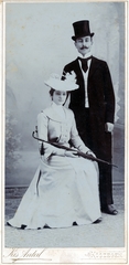 1900, Korner Veronika, double portrait, hat, gentleman, lady, studio, moustache, couple, top hat, Fortepan #230112