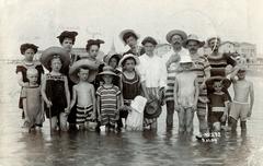 1909, Miklósy Judit, bathing suit, tableau, straw hat, striped dress, Fortepan #230504