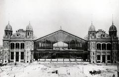 Hungary, Budapest VI., a felvétel a Nyugati pályaudvar építése idején, 1875 - 1877 között készült., 1900, F. Dózsa Katalin, train station, Budapest, construction, Horse-drawn carriage, Gustave Eiffel-design, Fortepan #230629