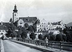 Austria, Frohnleiten, Murbrücke a Mura folyó felett, szembenl a Katharinenkirche., 1932, Bor Dezső, Fortepan #231448