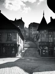 1940, Bor Dezső, street name sign, store display, slope, intersection, flight of stairs, cornerhouse, Fortepan #231587